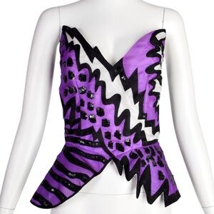 Neil Bieff Vintage 1980s Purple BlackWhite Embroidered Sequin Silk Gazar Bustier